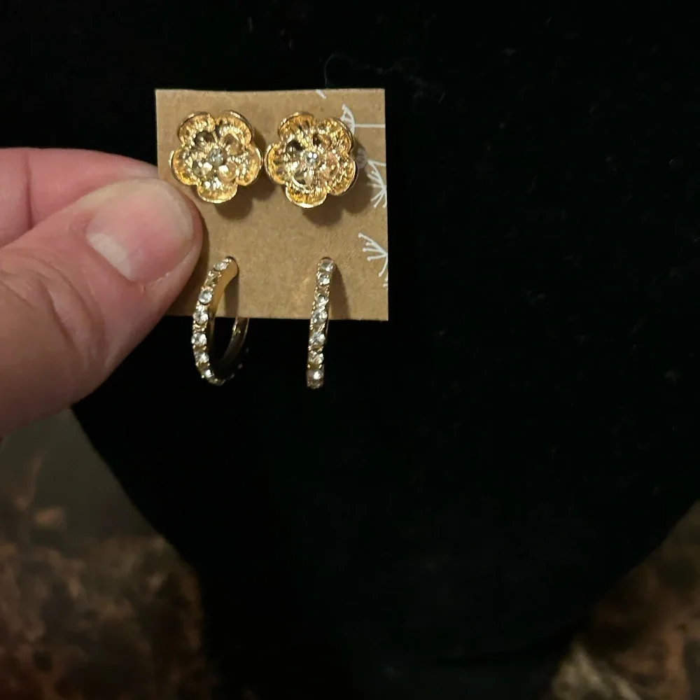Gold tone Flower Earrings with rhinestone accents set of two pairs